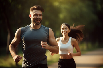 Fototapeta premium fit couple running in the park. Generative AI