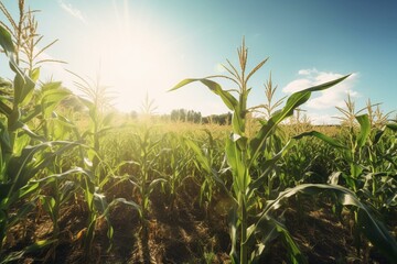 Maize or corn on agricultural field with sunshine on blue sky. Generative AI