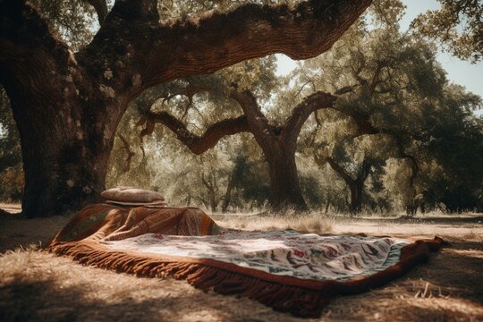 picnic blanket under an oak tree suggesting summer and siesta. Generative AI