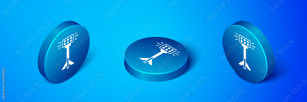 Poster isometric studio light bulb in softbox icon isolated on blue background. shadow reflection design. b