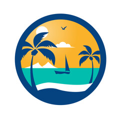 Summer beach illustration, abstract sun and palm tree on seaside. Vector logo design template.