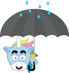 vector illustration face of a happy unicorn, with an umbrella in his hand and raindrops