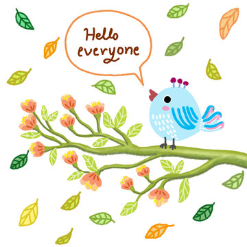 bird on blooming flowers tree and falling leaves with text 'hello everyone' isolated on white background ' Hand drawn pastel,oil pastel and chalk illustration
