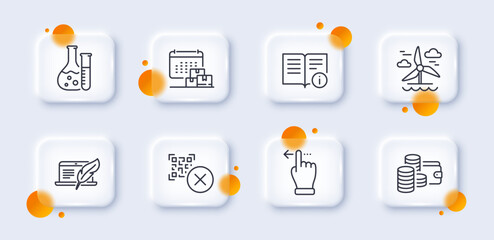 Copyright laptop, Windmill and Qr code line icons pack. 3d glass buttons with blurred circles. Delivery calendar, Chemistry lab, Technical info web icon. Wallet, Touchscreen gesture pictogram. Vector