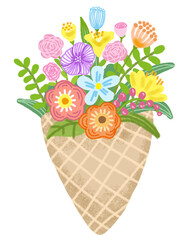 bouguet of colorful flowers in waffle cone isolated on white background ' Hand drawn pastel, oil pastel and chalk illustration