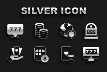 Set Lottery ball on bingo card, Slot machine with jackpot, Online slot, Casino chip and playing cards, Hand holding, chips, and icon. Vector