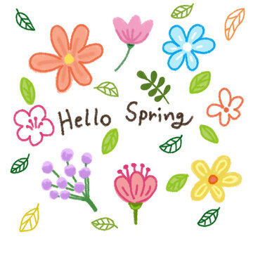 colorful flowes and leaves with text 'hello spring' isolated on white background ' Hand drawn pastel ,oil pastel and chalk illustration