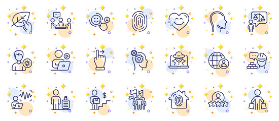 Outline set of Build, Voice wave and Customer satisfaction line icons for web app. Include Fingerprint access, Head, Lawyer pictogram icons. Thoughts, Video conference, Smile face signs. Vector