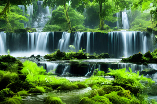 river running through a lush green forest, a matte painting, beautiful waterfalls, beautiful image, Generative AI
