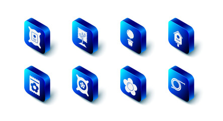 Set Tree, Flower in pot, Bird house, Garden hose or fire hose, Pack full of seeds of plant, and icon. Vector