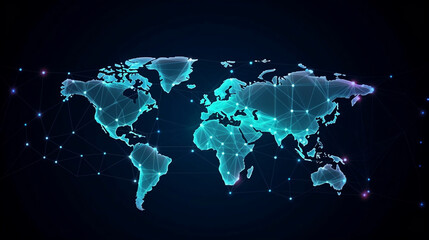 Neon World Map with Connected Network Lines - Modern Graphic Design for Business and Technology