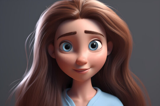Portrait of a cute little girl in cartoon style illustration. Generative AI.