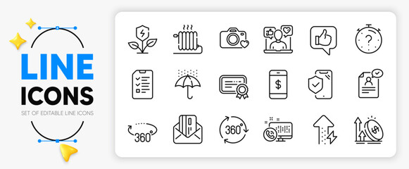 Certificate, Photo camera and Social media line icons set for app include Waterproof umbrella, Energy growing, Resume document outline thin icon. Interview, Web call. Vector
