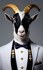 A goat wearing a white royal suit