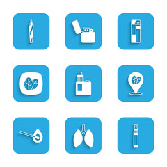 Set Vape mod device, Lungs, Electronic cigarette, Tobacco leaf, Burning match with fire, Lighter and Marijuana joint, spliff icon. Vector