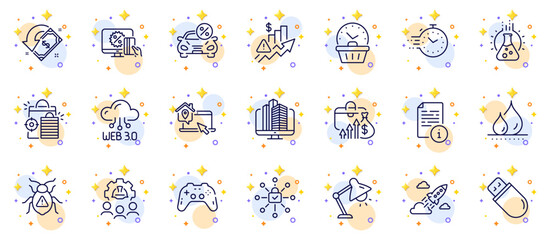 Fototapeta na wymiar Outline set of Online shopping, Work home and Chemistry lab line icons for web app. Include Manual, Rise price, Web3 pictogram icons. Car leasing, Software bug, Engineering team signs. Vector