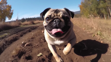 pug dog on the grass running excited on go pro 