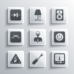 Set Screwdriver, Ampere meter, multimeter, Power button, Electrician, High voltage, Inductor in electronic circuit, Diode and Music player icon. Vector