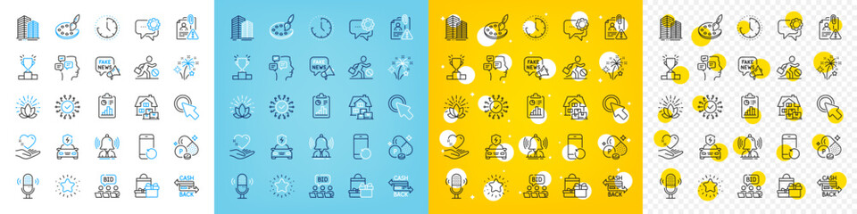 Vector icons set of Skyscraper buildings, Microphone and Messages line icons pack for web with Jobless, Security network, Hold heart outline icon. Fireworks, Phosphorus mineral, Time pictogram. Vector