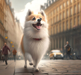 happy dog spitz walking on the city street. Generative AI.