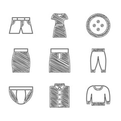 Set Skirt, Shirt, Sweater, Pants, Men underpants, Sewing button for clothes and Short icon. Vector