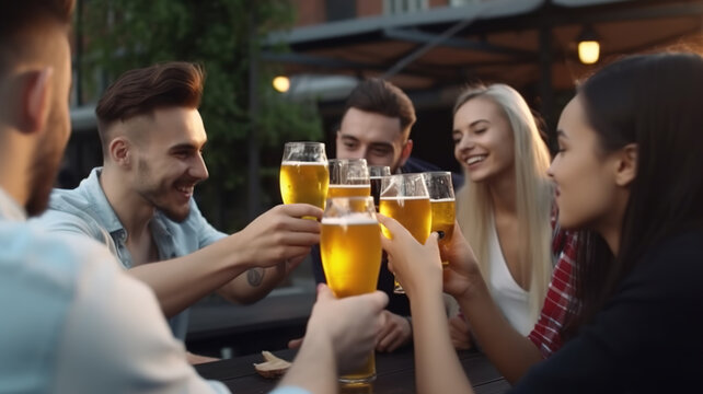 People toasting beer glasses  at brewery pub, Happy friends cheering happy hour at the bar party - Social gathering party time concept