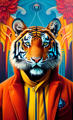 A tiger wearing a red jacket