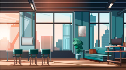 panoramic view of modern loft interior open space home office with furniture for corporate or freelance work