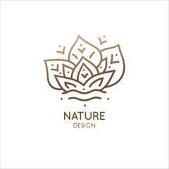 Nature logo of forest, sunny rays. Linear icon of landscape, trees and plants. Vector emblem of trees with sun, badge for travel, alternative medicine and ecology concept, spa, health and yoga Center.