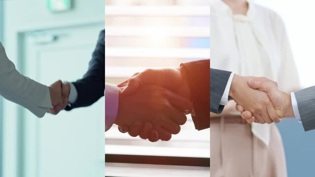 Collage movie of group of people shaking hands concept. Transition from white background.