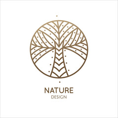 Tropical plant logo. Decoraitive palm tree in linear style. Round outline emblem. Vector abstract badge for design of natural product, flower shop, cosmetics, ecology concepts, health, spa, yoga.