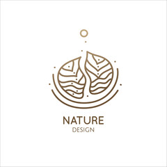 Nature logo of forest, sunny rays. Linear icon of landscape, sunrise. Vector emblem of trees with sun, badge for a travel, alternative medicine and ecology concept, spa, health and yoga Center