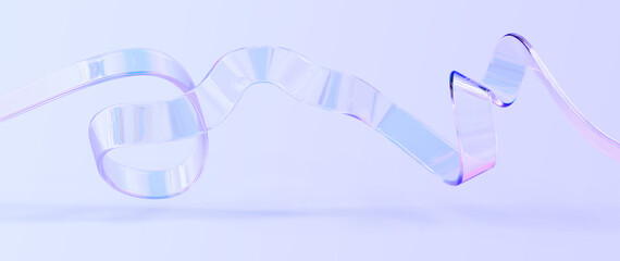 Glass ribbon swirl wave line isolated on blue background 3d render. Iridescent transparent geometric shape with holographic gradient texture, flying curved liquid form, design element. 3D illustration