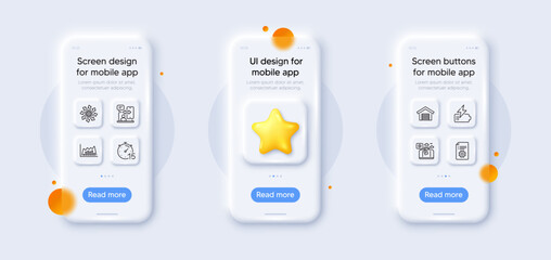 Travel luggage, Technical documentation and Phone timing line icons pack. 3d phone mockups with star. Glass smartphone screen. Timer, Battery, Parking garage web icon. Vector