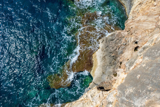 Arial view of high cliffs on the coast of Mallorca, Spain
