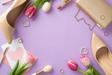 Mother's day top view flat lay with high-heels, handbag, postcard, tulips, makeup brush, and earrings on pastel purple background with copyspace