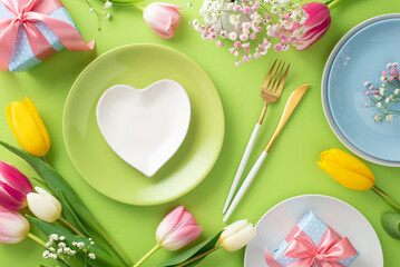 Mother's day table setting concept. Top view flat lay of colorful plates, giftboxes, cutlery, and tulips on light green background