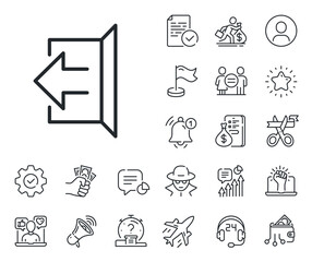 Sign out symbol. Salaryman, gender equality and alert bell outline icons. Logout arrow line icon. Navigation pointer. Sign out line sign. Spy or profile placeholder icon. Vector