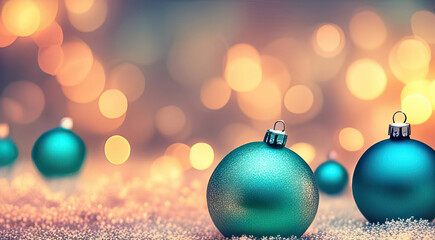 Christmas baubles in blue with sparkly bokeh lights and copy space. Christmas card background generative ai illustration