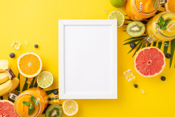 Summer just got more refreshing with this top view flat lay photo of fresh orange, lemon, lime, and grapefruit juice in glass jars, set against a trendy yellow background with an empty frame for text - Powered by Adobe