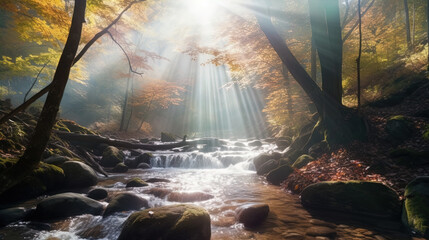 rocky stream of an inner forest spring water in autumn with light rays pearcing through the leaves
