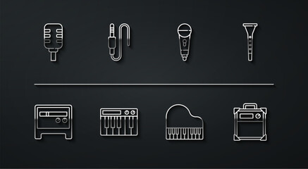 Set line Microphone, Guitar amplifier, Clarinet, Grand piano, Music synthesizer, Audio jack, and icon. Vector