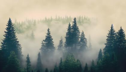 Fototapeta na wymiar Misty landscape with fir forest in hipster vintage retro style, Ai generated 