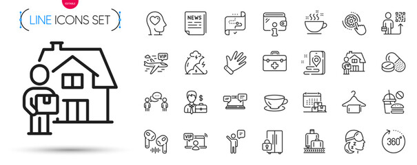 Pack of Espresso, Stress protection and Target path line icons. Include Businessman case, Vip flight, Fast food pictogram icons. Refrigerator, Leadership, Internet chat signs. First aid. Vector