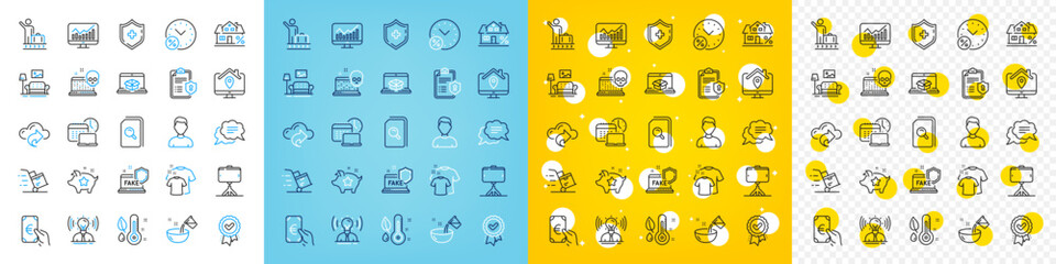 Vector icons set of Furniture, Brand and Medical shield line icons pack for web with Mortgage, Work home, Loyalty points outline icon. Fake internet, Privacy policy, Search files pictogram. Vector