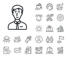 User or businessman person sign. Salaryman, gender equality and alert bell outline icons. Man line icon. Male silhouette symbol. Businessman person line sign. Spy or profile placeholder icon. Vector