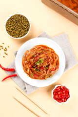 Clear Noodles in Chili Sauce(chuanbeiliangfen),Bean jelly,make of Platostoma palustre (Blume) and Rice and Sweet Potato Flour,Sichuan street snacks,Chinese food