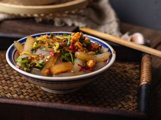 Clear Noodles in Chili Sauce(chuanbeiliangfen),Bean jelly,make of Platostoma palustre (Blume) and Rice and Sweet Potato Flour,Sichuan street snacks,Chinese food