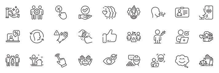 Icons pack as Use gloves, Online tax and Clown line icons for app include Breathing exercise, Partnership, Friends couple outline thin icon web set. Face id, Builders union. Vector