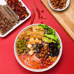 Picture of Luosifen or rice noodles with snail,Liuzhou river snails rice noodle,Special food in Liuzhou, Guangxi, China